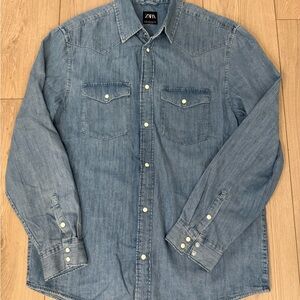 Zara Men's Casual Light Blue denim Button Down Shirt